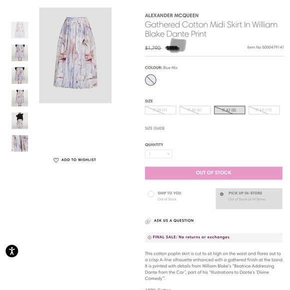 NWT Alexander McQueen Pleated Printed Faille MIDI Cotton Skirt - Picture 5 of 5